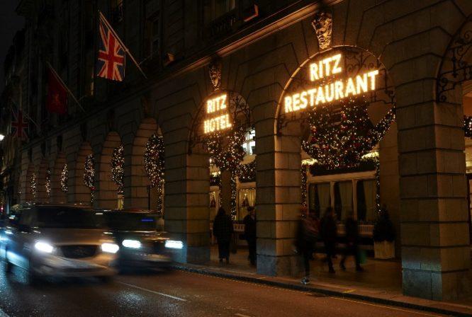 The bright lights of The Ritz Hotel in Central London, one of the best Christmas window displays for 2022